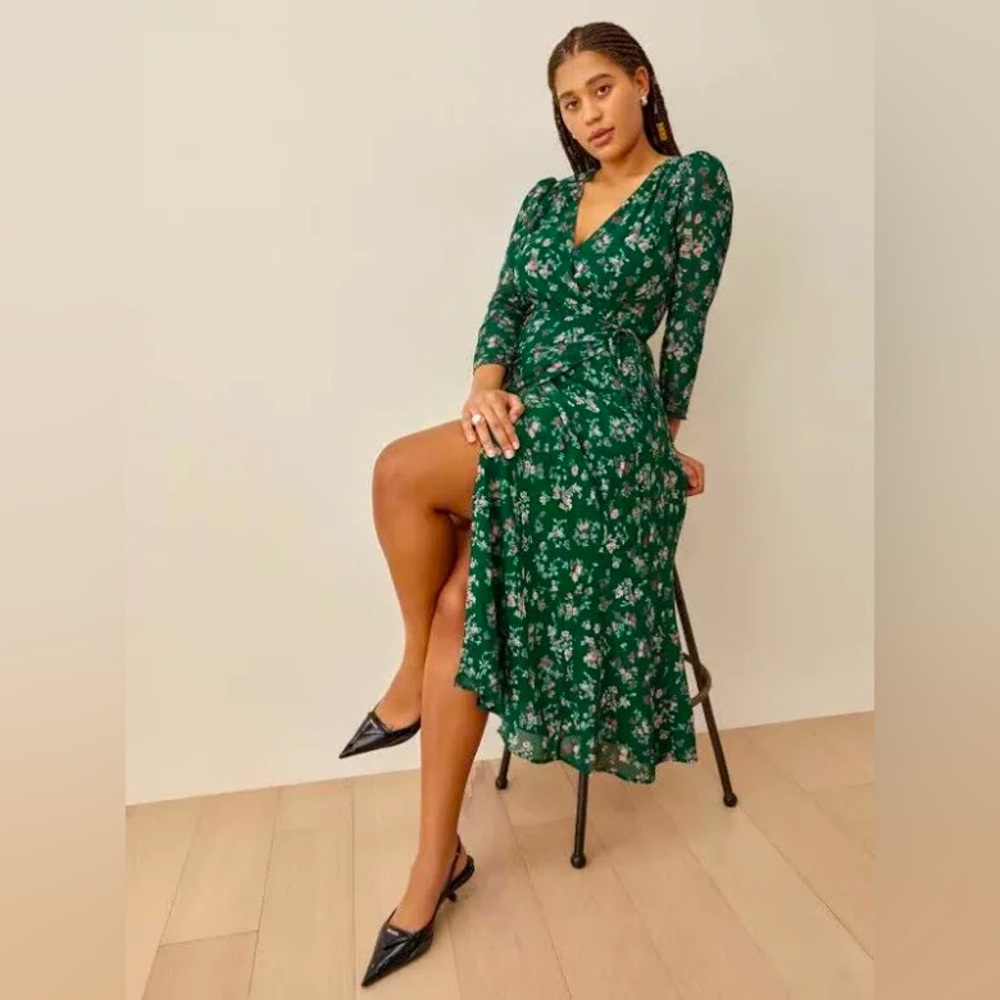 Reformation Green Floral Midi Dress
